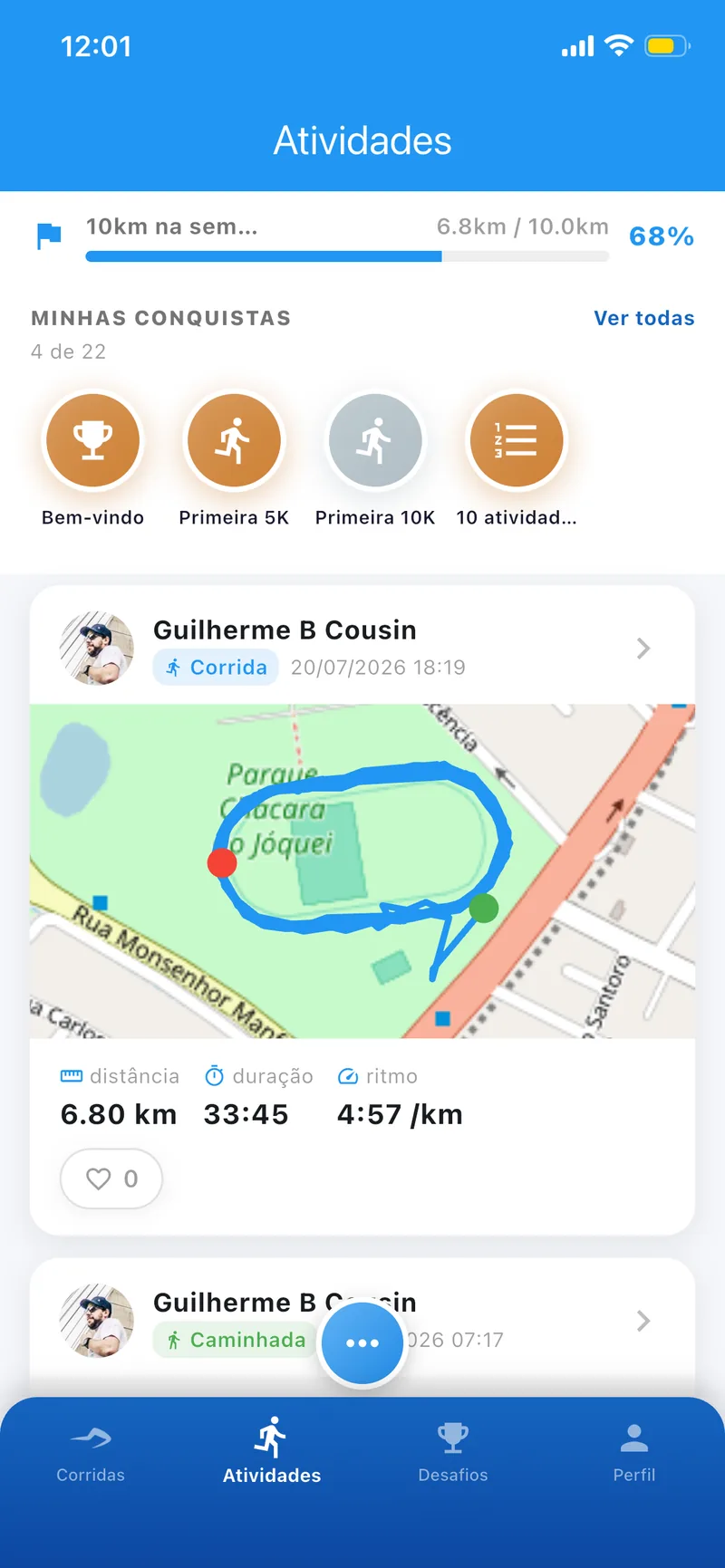 Atividade com mapa, ritmo e metas no NextRun